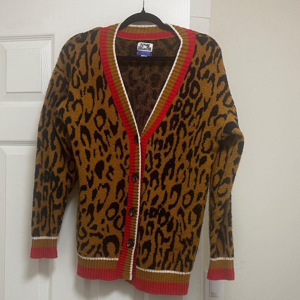Future Collective Leopard Print Cardigan with Red Trim